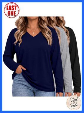 Plus Size V Neck Long Sleeve Tops 3 Pack Loose Fit Tunic T-Shirts